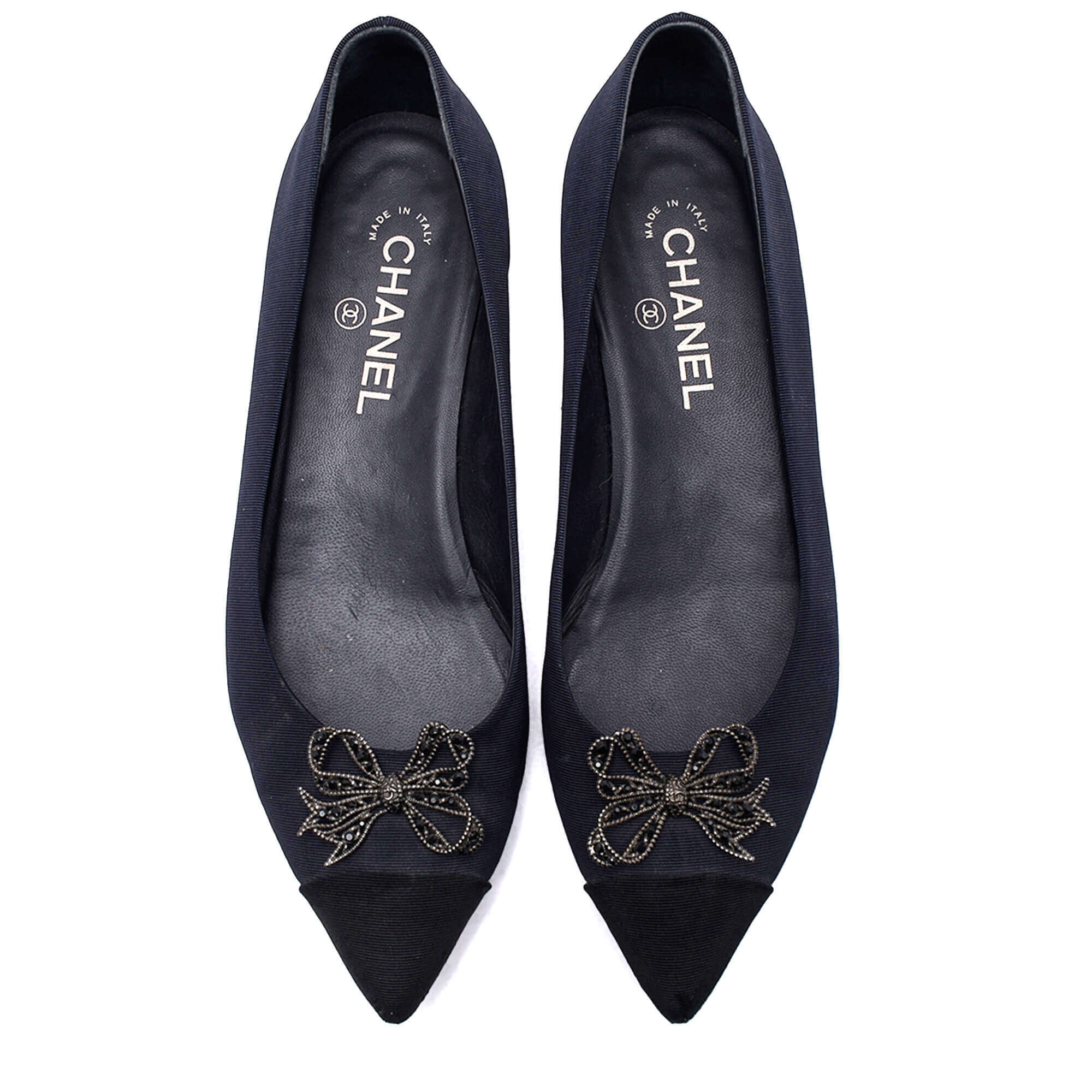 Chanel - Navy Canvas Metal Bow and Black Cap Toe Detail Ballerinas